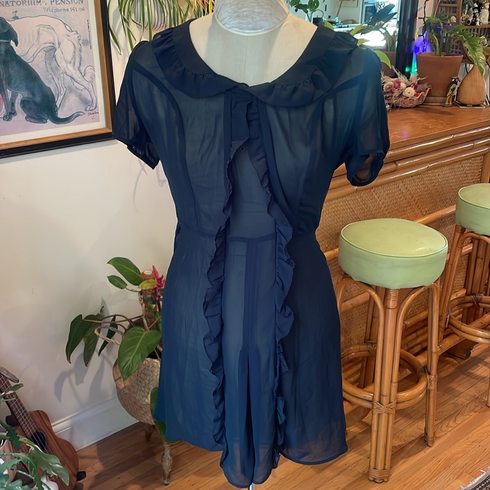 LITTLE BLACK DRESS - sheer CHIFFON & RUFFLES with slip - SZ L  -